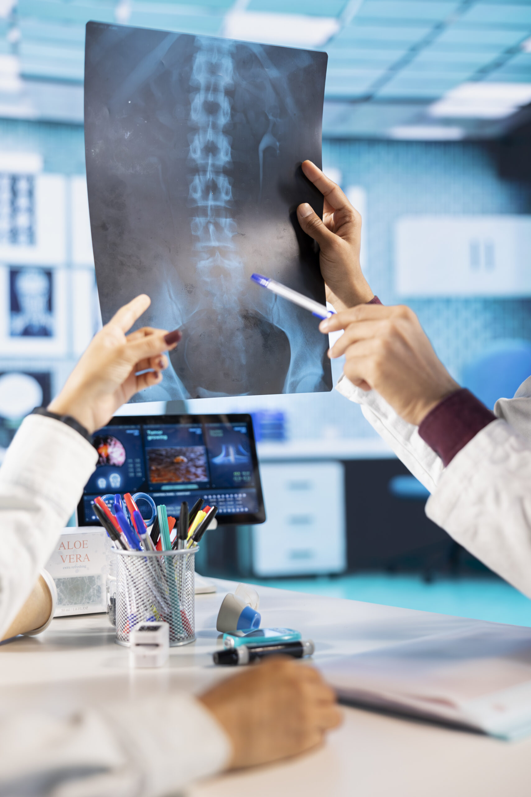 General practitioner consulting patient and reviewing x ray test results