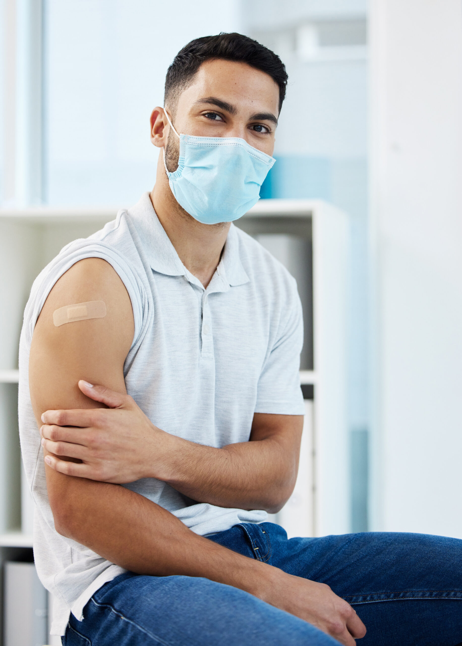healthcare-portrait-man-with-covid-vaccine-virus-safety-protection-from-clinic-arm-plaster-medicine-person-with-face-mask-while-sick-with-corona-getting-vaccination